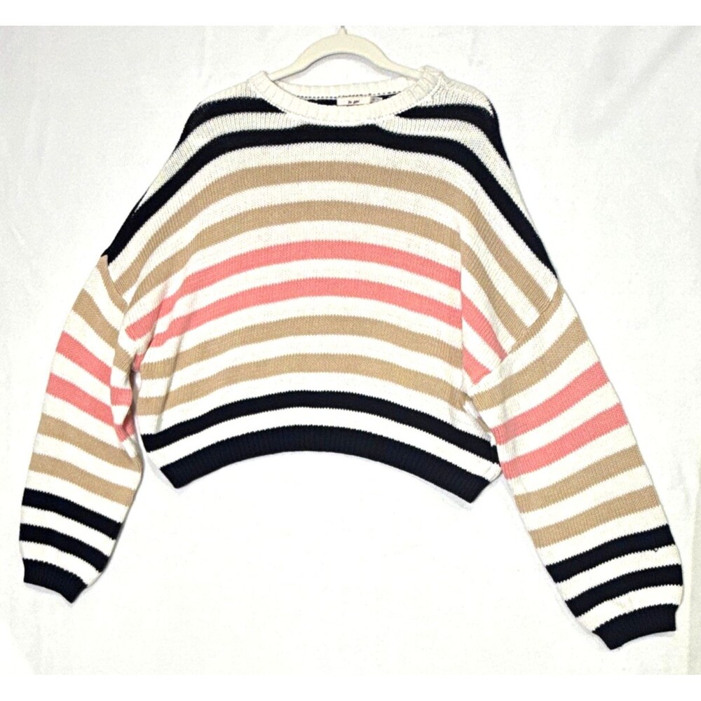 Francesca's Mi Ami Striped Pullover Sweater M Oversized 100% Cotton Cropped Knit